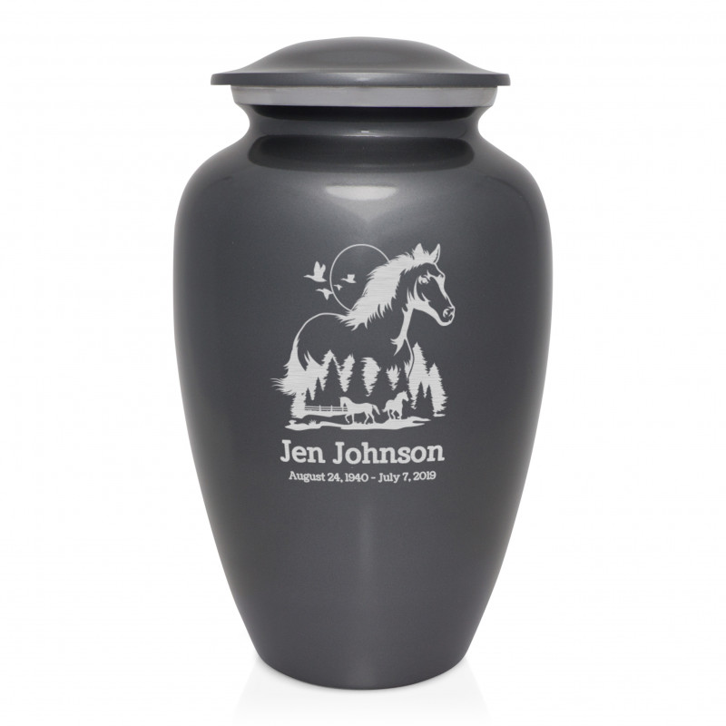 Horse Landscape Cremation Urn - Gunmetal Gray