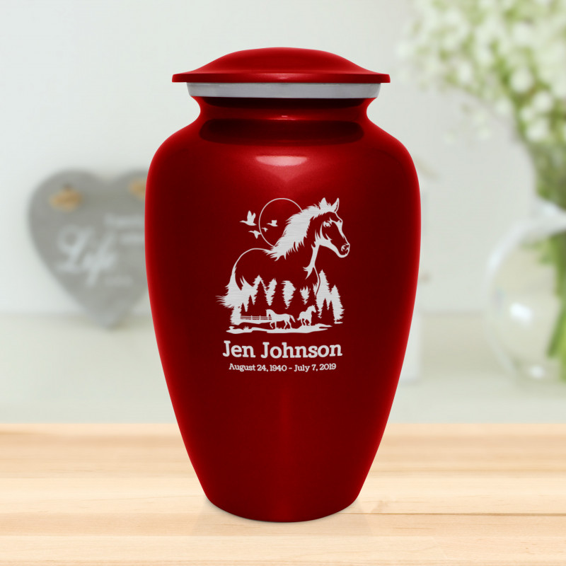 Horse Landscape Cremation Urn - Ruby Red