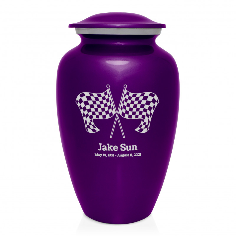 Race Checkered Flag Cremation Urn - Purple Luster