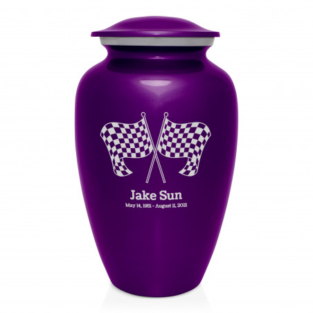 Race Checkered Flag Cremation Urn - Purple Luster