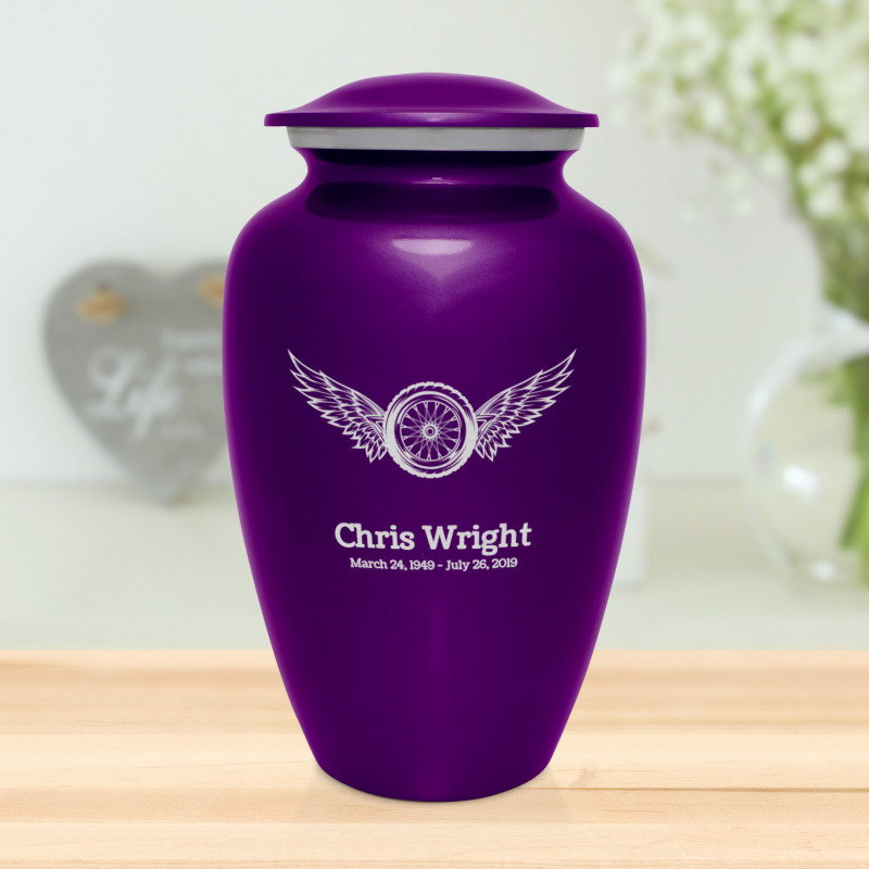 Winged Wheel Cremation Urn - Purple Luster