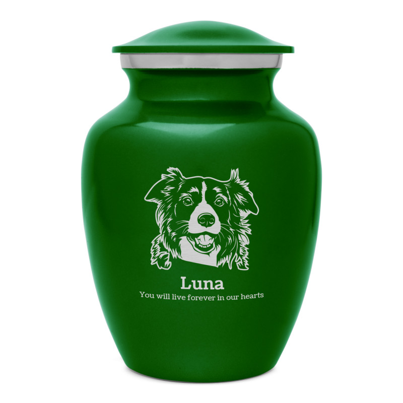Small Border Collie Dog Cremation Urn - Shamrock Green