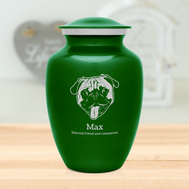 Large Pug Dog Cremation Urn - Shamrock Green