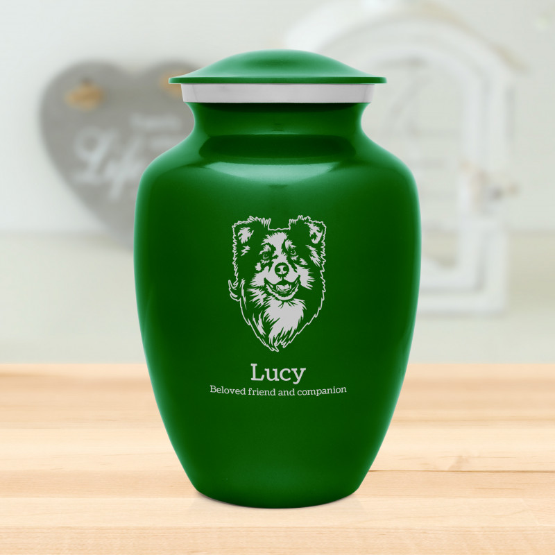 Large Australian Shepherd Dog Cremation Urn - Shamrock Green