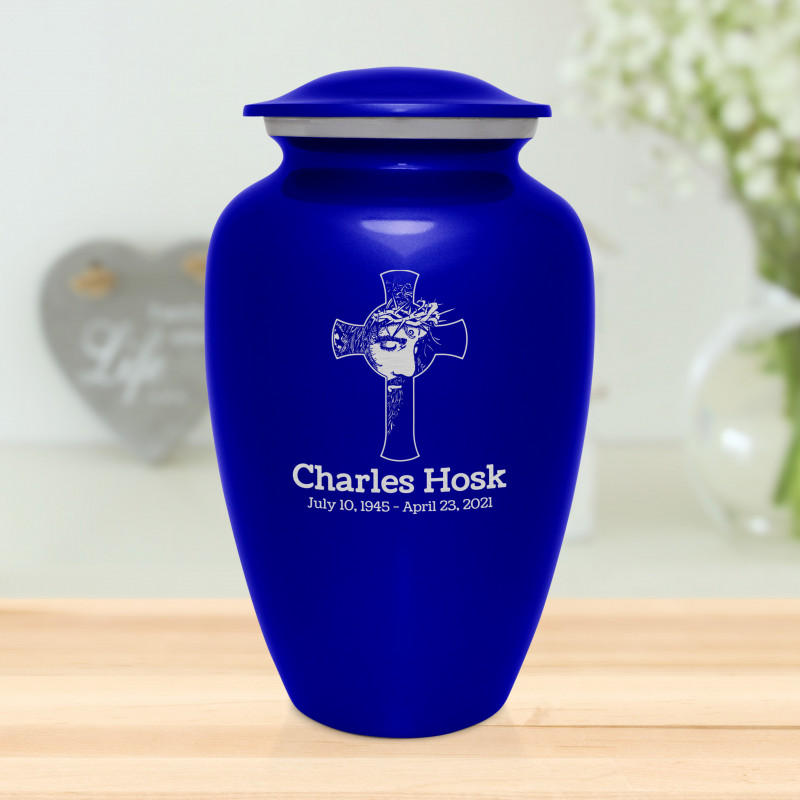Jesus Crucifix Cremation Urn - Midnight Blue