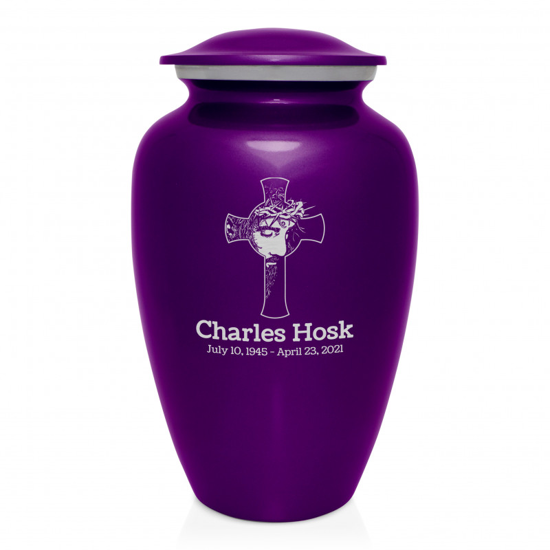 Jesus Crucifix Cremation Urn - Purple Luster