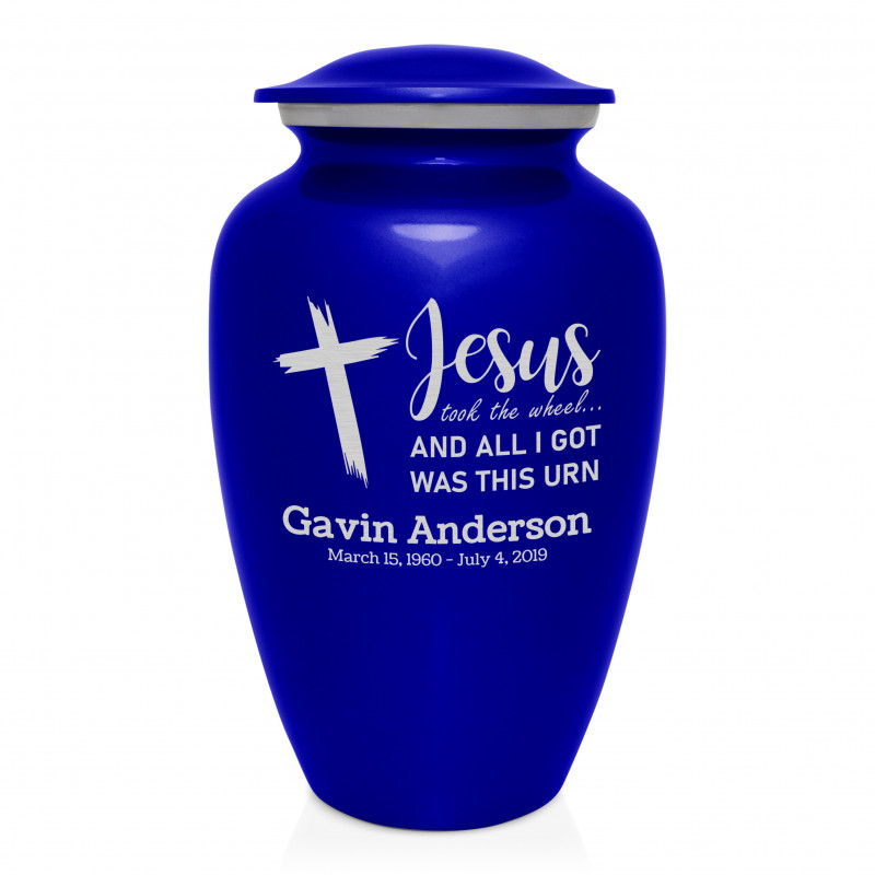 Jesus Took The Wheel Cremation Urn - Midnight Blue