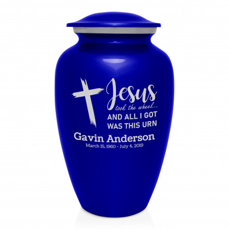 Jesus Took The Wheel Cremation Urn - Midnight Blue