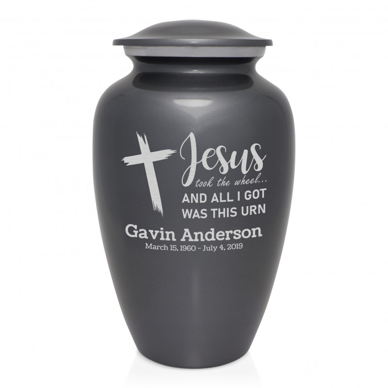Jesus Took The Wheel Cremation Urn - Gunmetal Gray