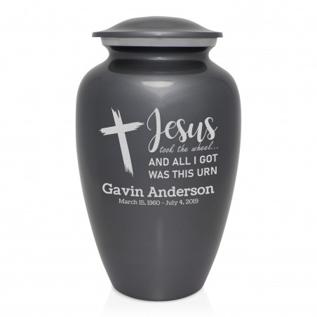 Jesus Took The Wheel Cremation Urn - Gunmetal Gray