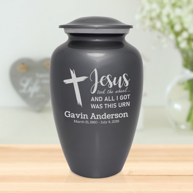 Jesus Took The Wheel Cremation Urn - Gunmetal Gray