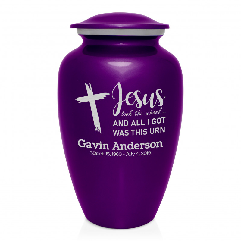 Jesus Took The Wheel Cremation Urn - Purple Luster
