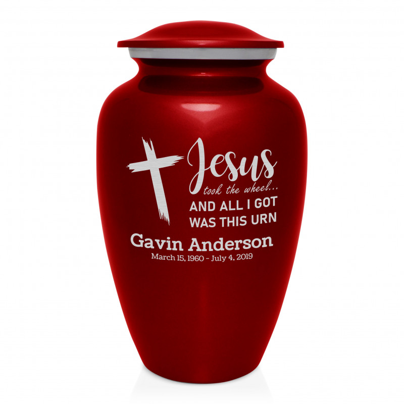 Jesus Took The Wheel Cremation Urn - Ruby Red