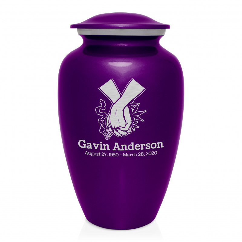 Marijuana Holding Hands Cremation Urn - Purple Luster