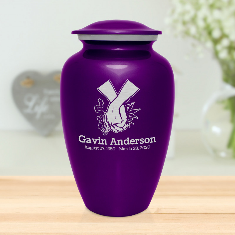 Marijuana Holding Hands Cremation Urn - Purple Luster
