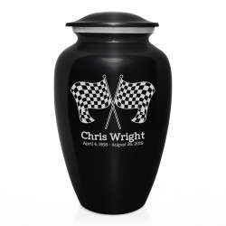 Race Checkered Flag Cremation Urn - Jet Black