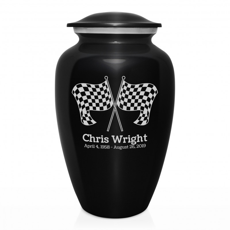 Race Checkered Flag Cremation Urn - Jet Black
