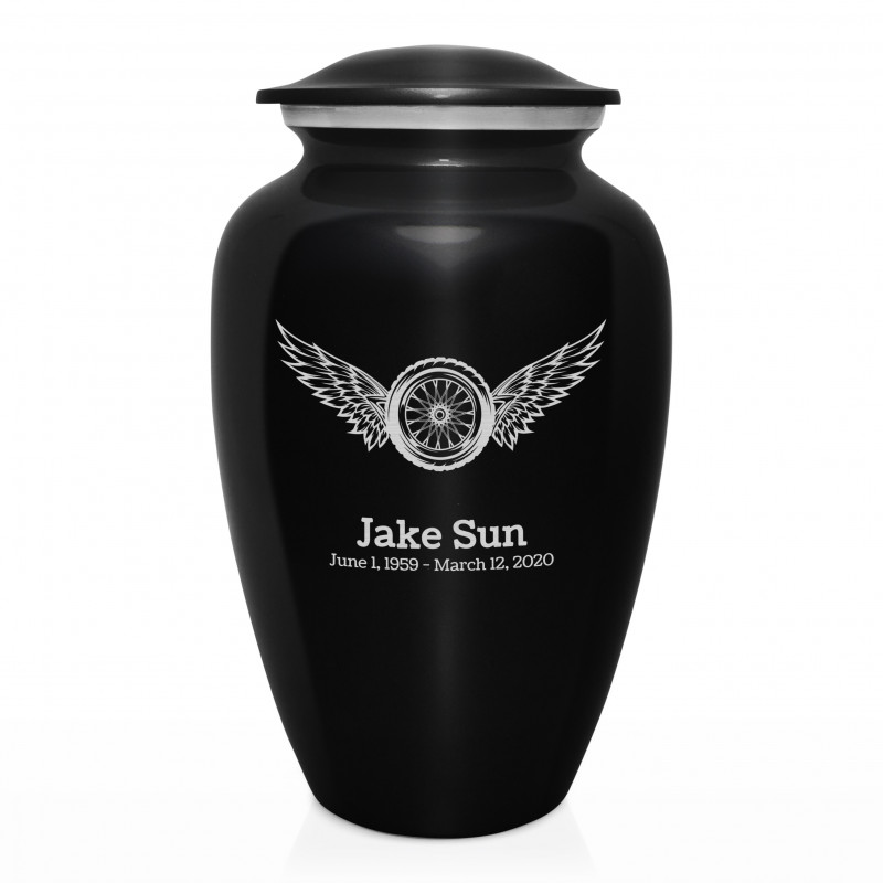Winged Wheel Cremation Urn - Jet Black