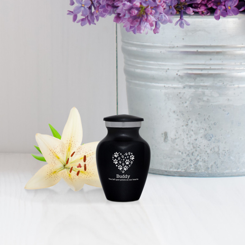 Keepsake Pawprint Heart Pet Cremation Urn - Jet Black
