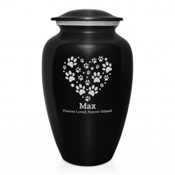 Extra Large Pawprint Heart Pet Cremation Urn - Jet Black