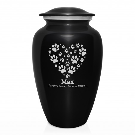 Extra Large Pawprint Heart Pet Cremation Urn - Jet Black