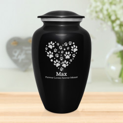 Extra Large Pawprint Heart Pet Cremation Urn - Jet Black