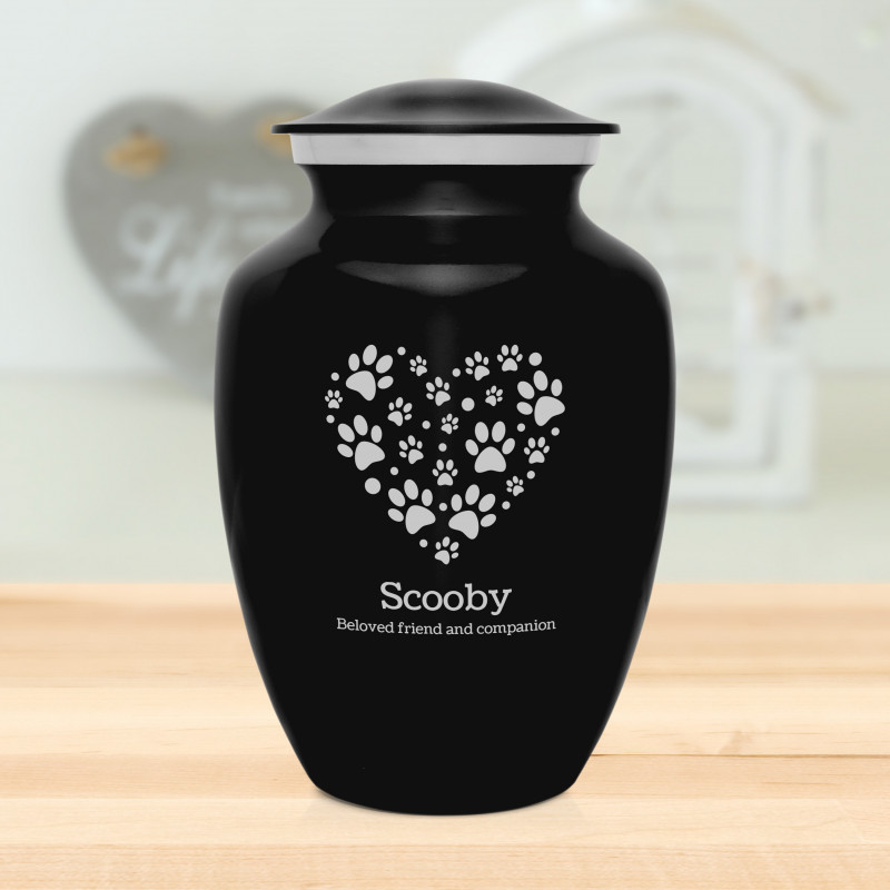 Large Pawprint Heart Pet Cremation Urn - Jet Black