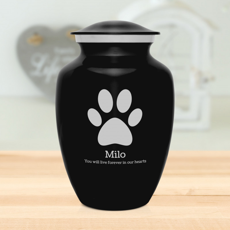 Large Paw Print Pet Cremation Urn - Jet Black