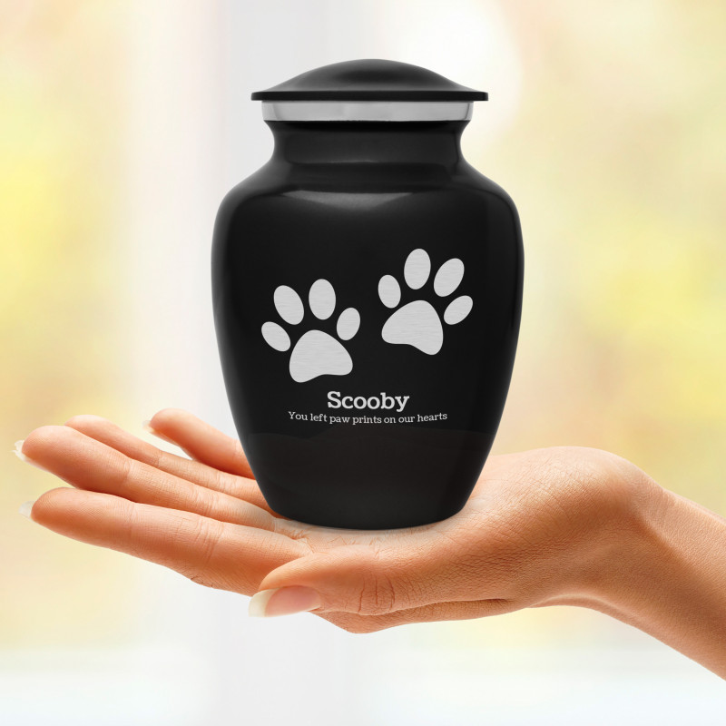 Small Pawprints Pet Cremation Urn - Jet Black