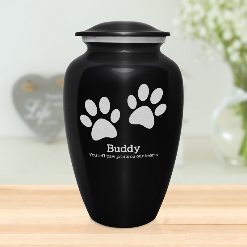 Extra Large Pawprints Pet Cremation Urn - Jet Black