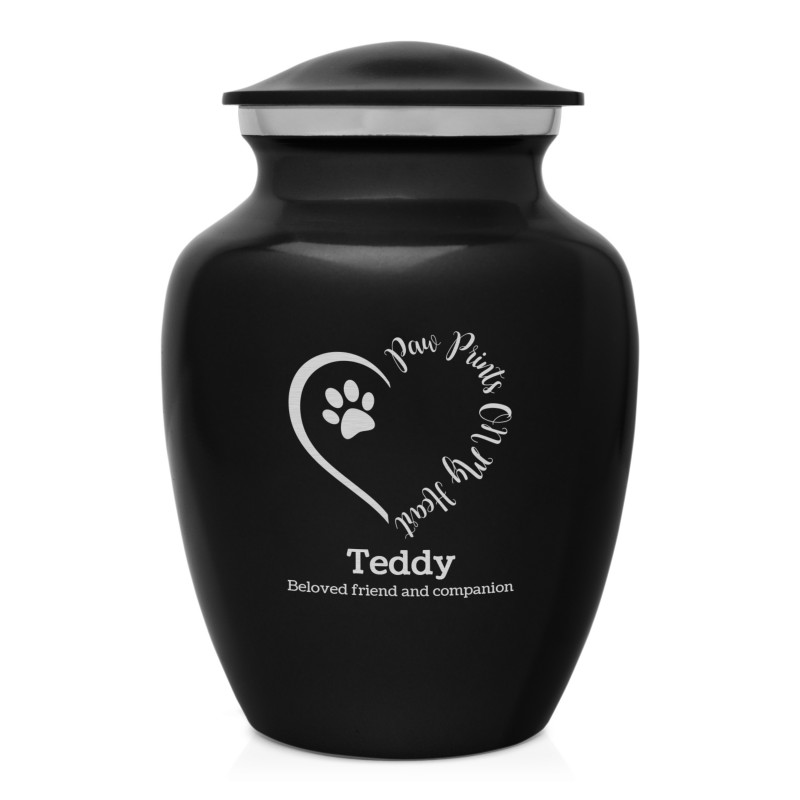 Small Paw Prints On My Heart Pet Cremation Urn - Jet Black