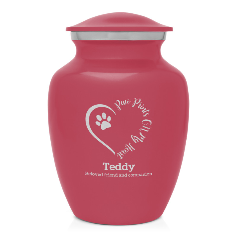 Small Paw Prints On My Heart Pet Cremation Urn - Rose Pink