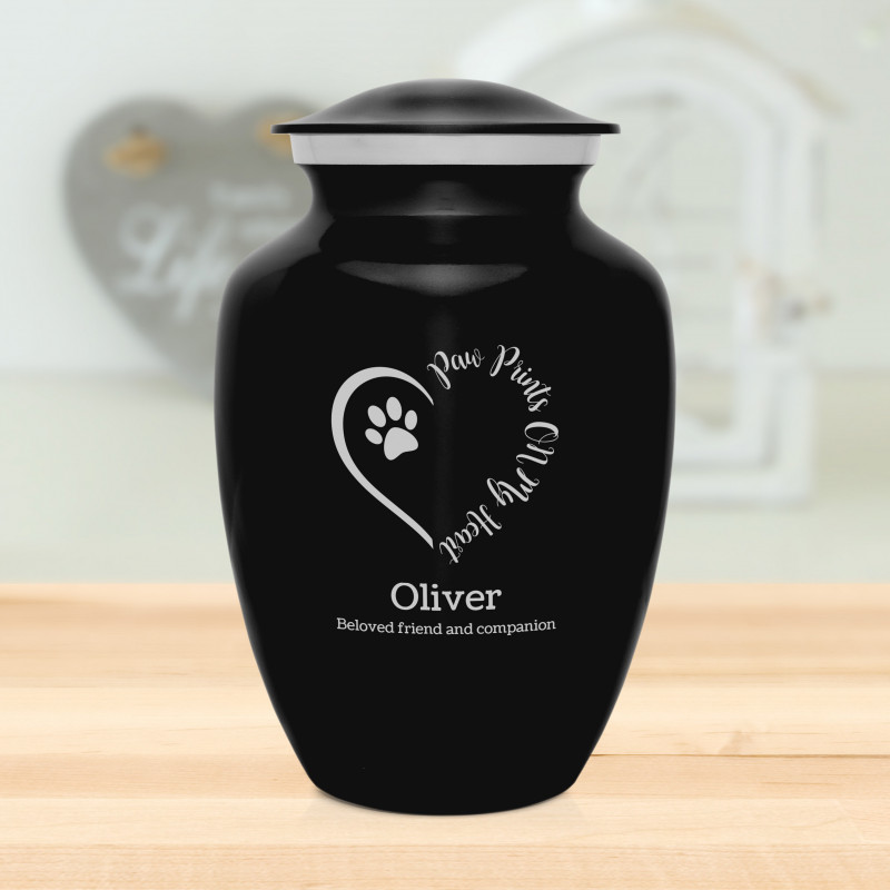 Large Paw Prints On My Heart Pet Cremation Urn - Jet Black