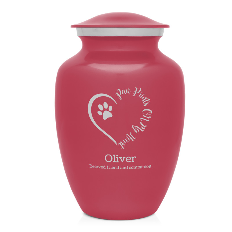 Large Paw Prints On My Heart Pet Cremation Urn - Rose Pink