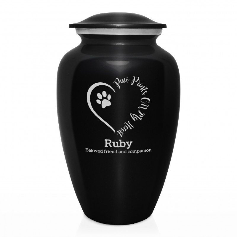 Extra Large Paw Prints On My Heart Pet Cremation Urn - Jet Black