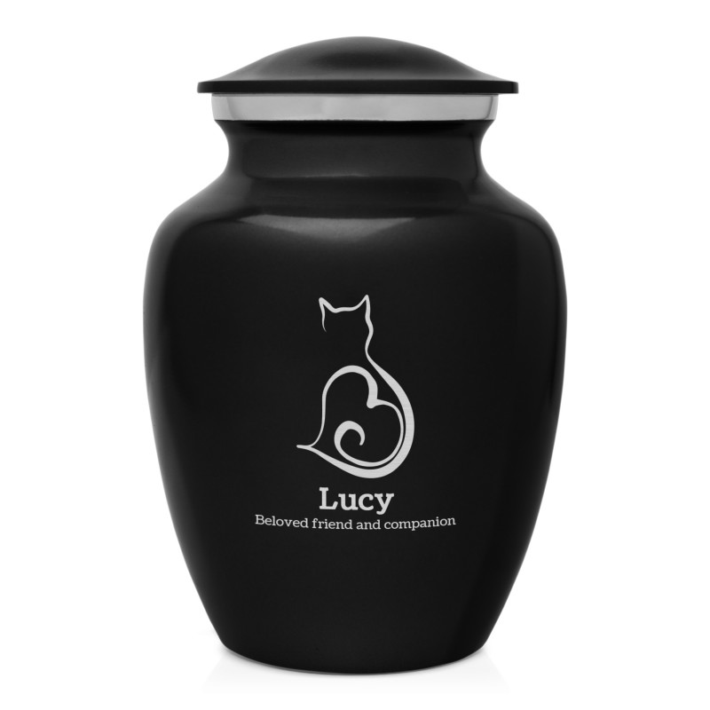 Small Cat Silhouette Pet Cremation Urn - Jet Black
