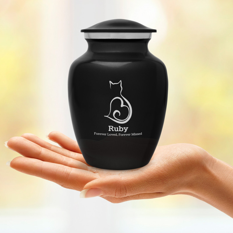 Small Cat Silhouette Pet Cremation Urn - Jet Black
