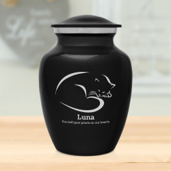 Small Sleeping Cat Pet Cremation Urn - Jet Black