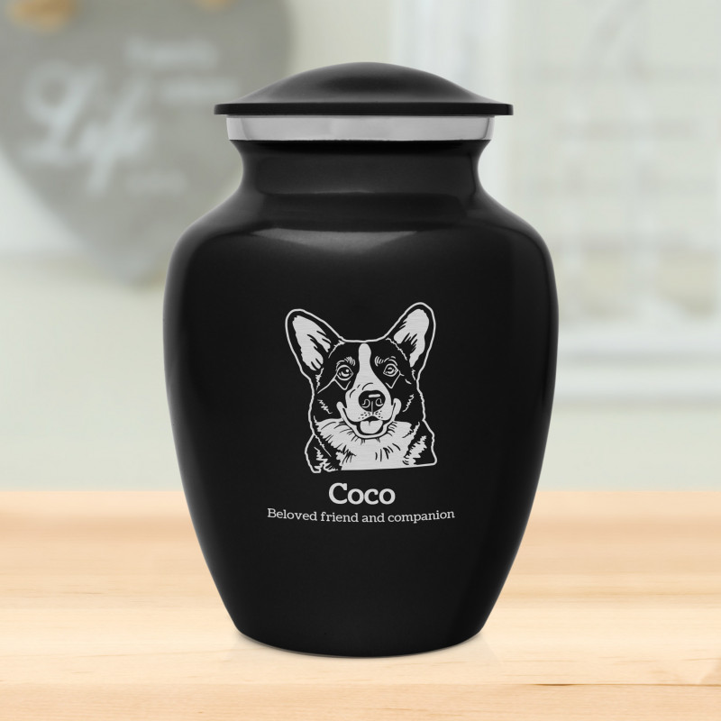 Small Corgi Dog Cremation Urn - Jet Black