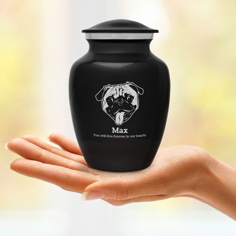 Small Pug Dog Cremation Urn - Jet Black