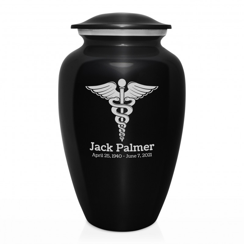 Caduceus Cremation Urn - Jet Black