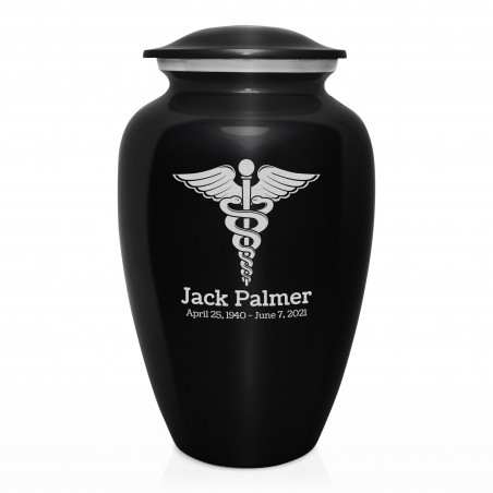 Caduceus Cremation Urn - Jet Black
