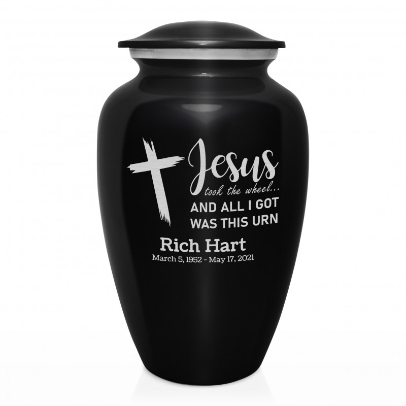 Jesus Took The Wheel Cremation Urn - Jet Black