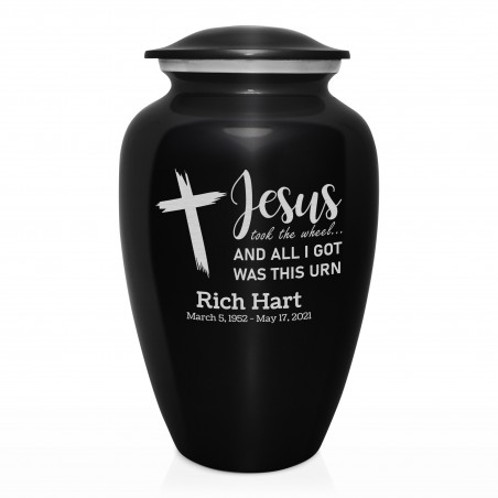 Jesus Took The Wheel Cremation Urn - Jet Black