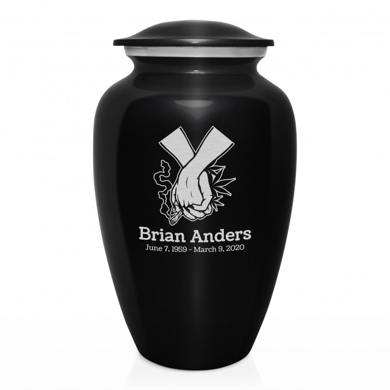 Marijuana Holding Hands Cremation Urn - Jet Black