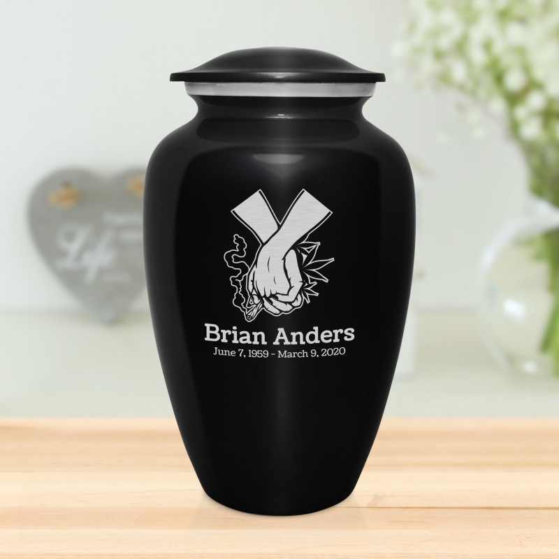 Marijuana Holding Hands Cremation Urn - Jet Black