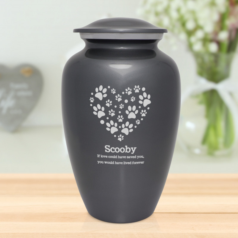 Extra Large Pawprint Heart Pet Cremation Urn - Gunmetal Gray