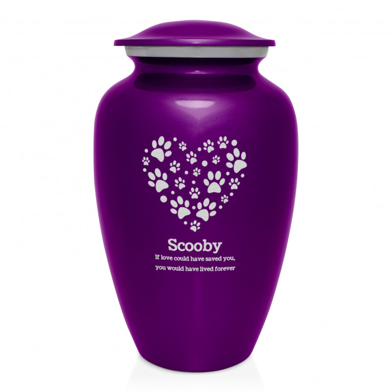 Extra Large Paw Print Heart Pet Cremation Urn - Purple Luster
