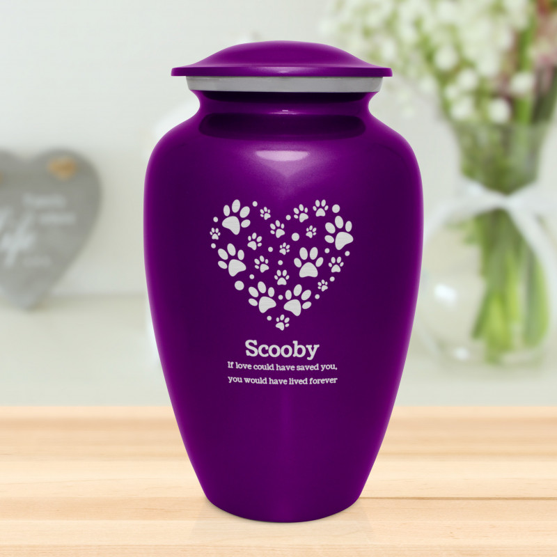 Extra Large Pawprint Heart Pet Cremation Urn - Purple Luster