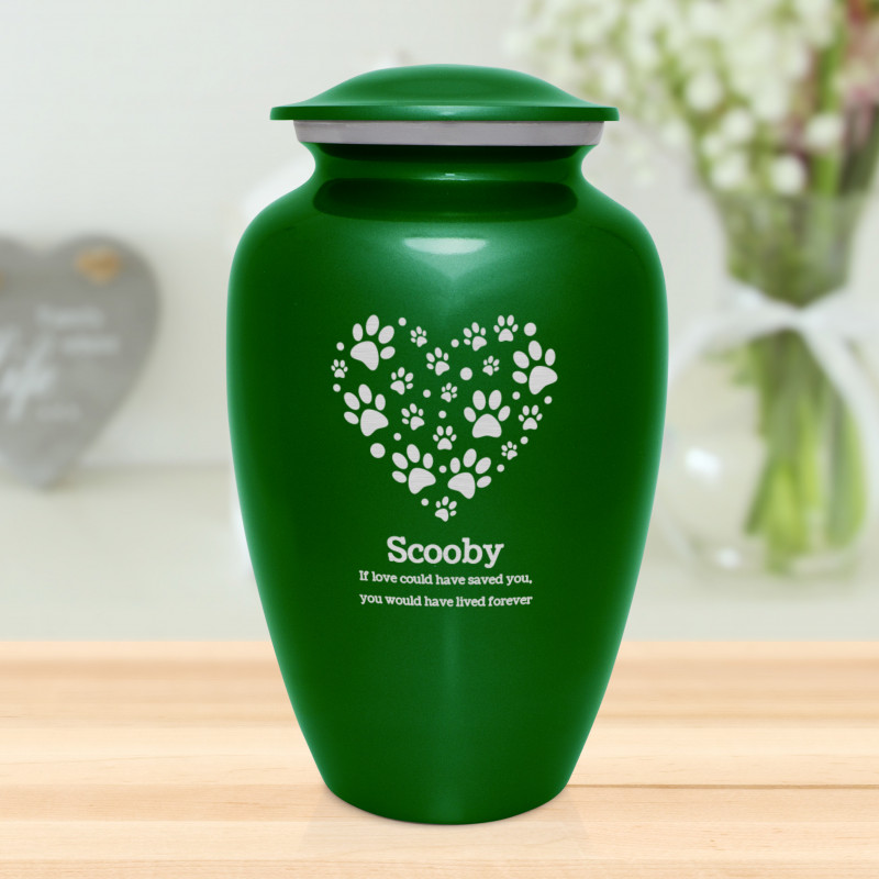 Extra Large Pawprint Heart Pet Cremation Urn - Shamrock Green